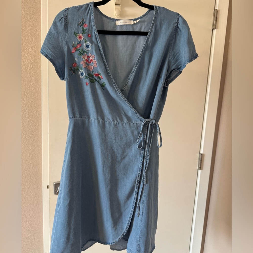 Blue Floral Embroidered Wrap Dress